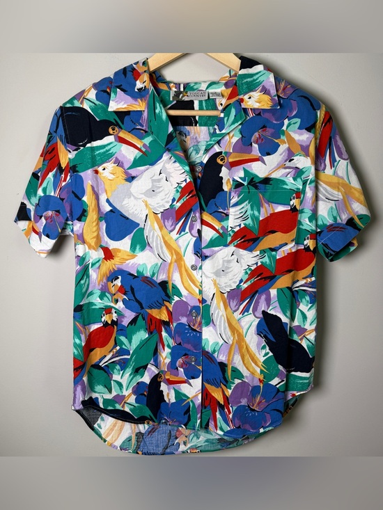 Toucan Country Tops - VTG Toucan Country 80s Tropical Retro Bird Print Cotton Vacay Blouse | Size 12